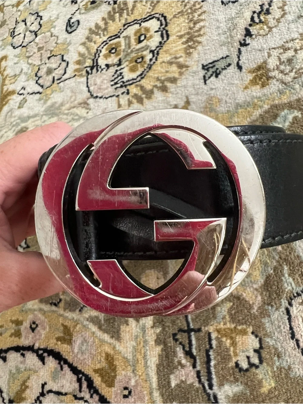 Gucci size 40 Black Leather Belt with Silver Interlocking GG Buckle used
